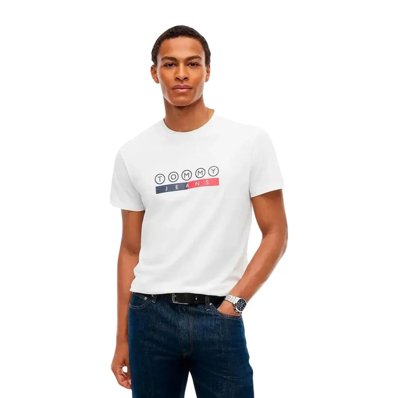 Tommy Hilfiger men organic cotton white t shirt with bold tommy logo on red and navy stripe in front