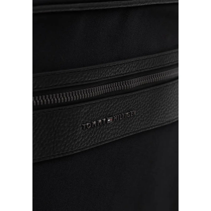 Black tommy hilfiger men repreve backpack with textured leather trim and zipper pockets w15cm in black