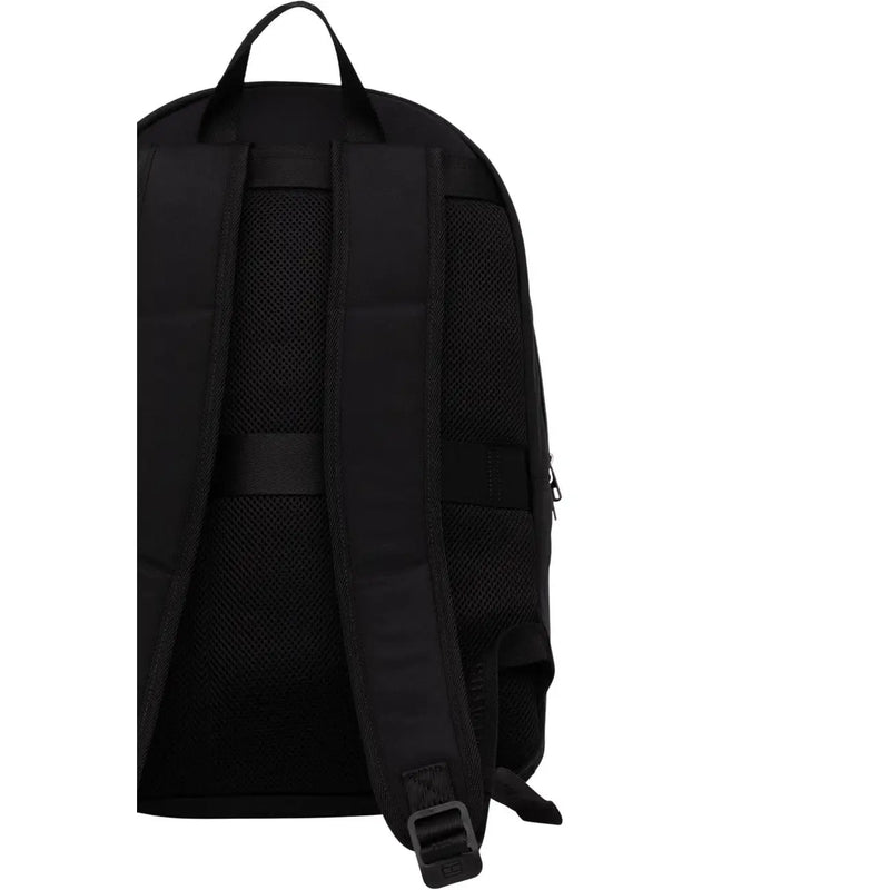 Black tommy hilfiger men repreve backpack showing mesh back panel and adjustable shoulder straps with zip pockets