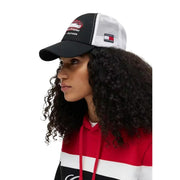 Tommy Hilfiger men script black and white mesh trucker cap with embroidered logo front and side panel organic cotton
