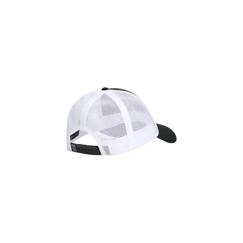 Tommy Hilfiger men script black trucker cap with white solid front panels organic cotton and mesh back with adjustable strap