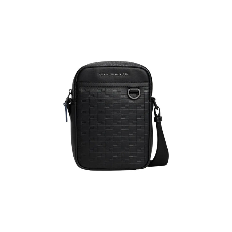 Black tommy hilfiger men shoulder bag with textured woven polyurethane and sleek minimalist crossbody design