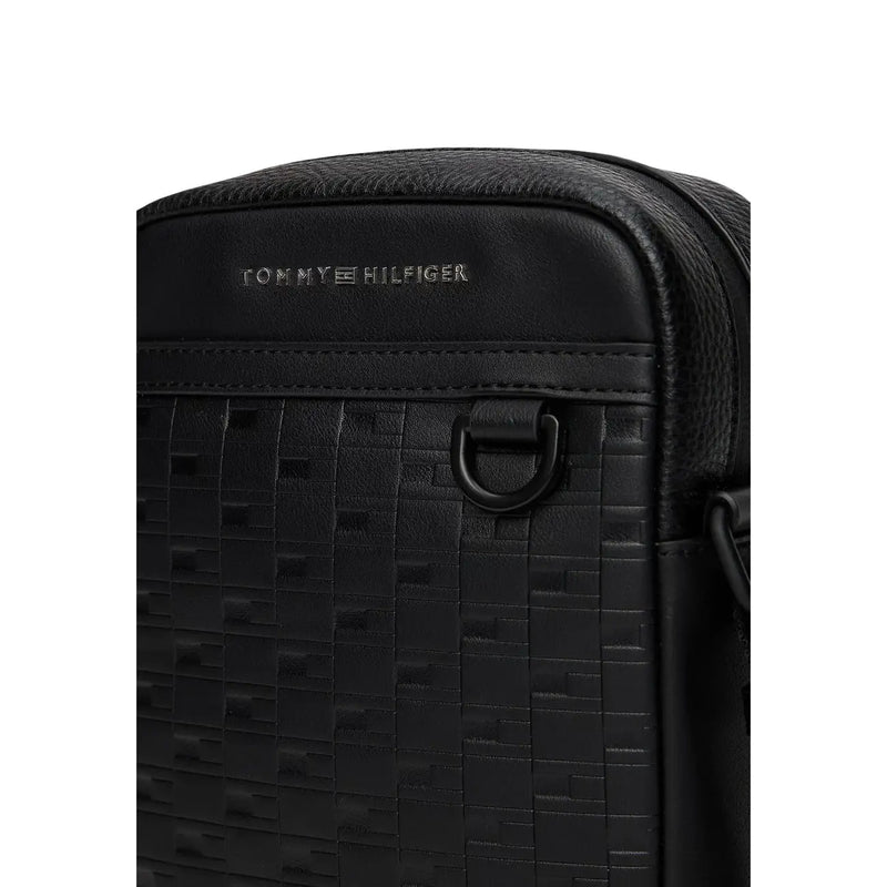 Black tommy hilfiger men shoulder bag with textured woven leather and subtle embossed logo in polyurethane material