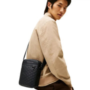 Black textured Tommy Hilfiger men shoulder bag with woven pattern logo front in polyurethane 17x22x6 cm
