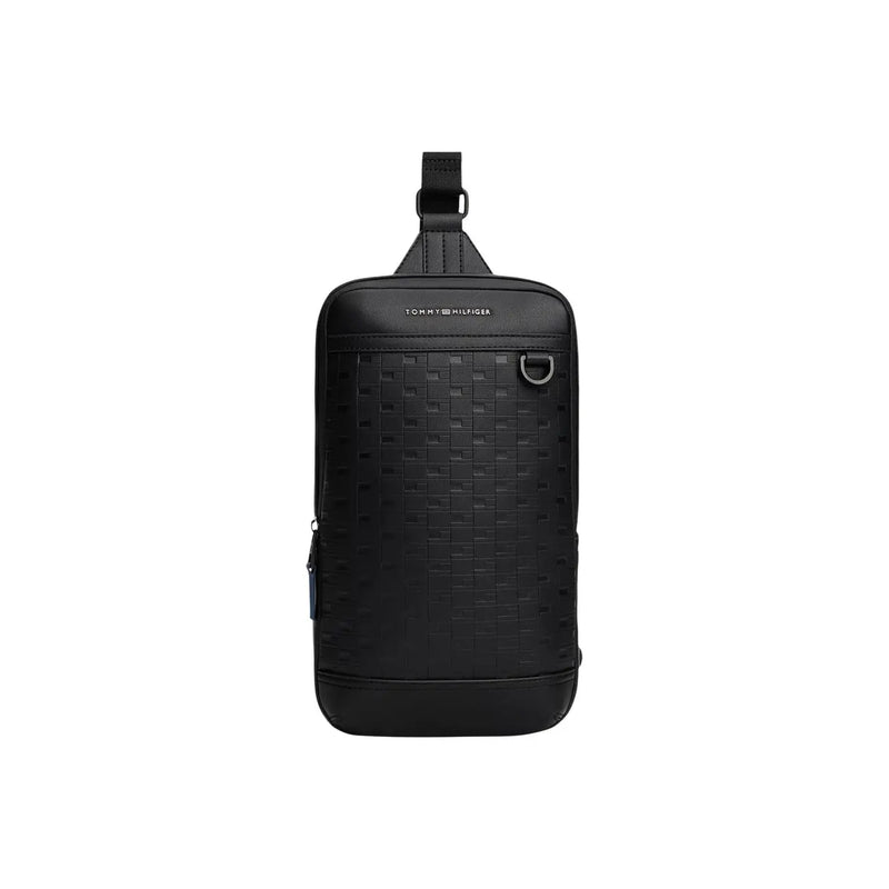 Black tommy hilfiger men shoulder bag in polyurethane with woven texture and sleek design 24x33x9 cm