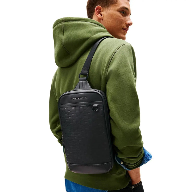 Black tommy hilfiger men shoulder bag with textured woven pattern, sleek minimalist design, 24x33x9 cm polyurethane material