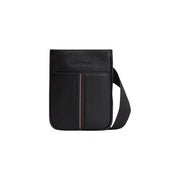 Tommy Hilfiger men shoulder bag in black textured leather with zip pocket and red white striped accent 21x25x5 cm