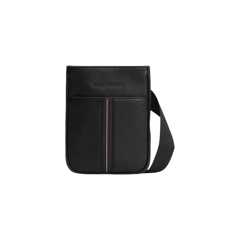 Tommy Hilfiger men shoulder bag in black textured leather with zip pocket and red white striped accent 21x25x5 cm