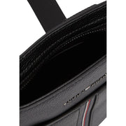 Tommy Hilfiger men shoulder bag black textured leather with subtle striped accent along zipper pull 21x25x5 cm