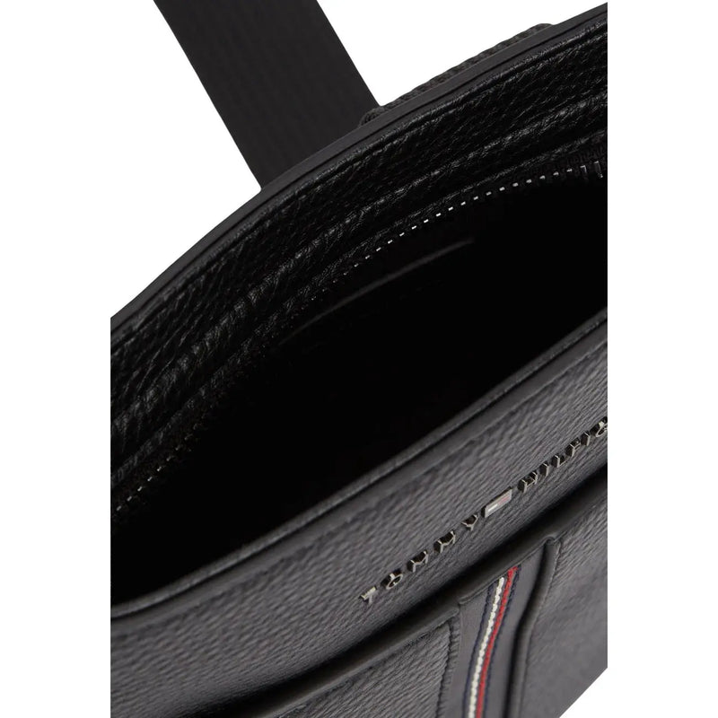 Tommy Hilfiger men shoulder bag black textured leather with subtle striped accent along zipper pull 21x25x5 cm
