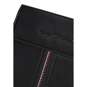 Black textured leather tommy hilfiger men shoulder bag with striped fabric accent and black zip pocket 21x25x5 cm