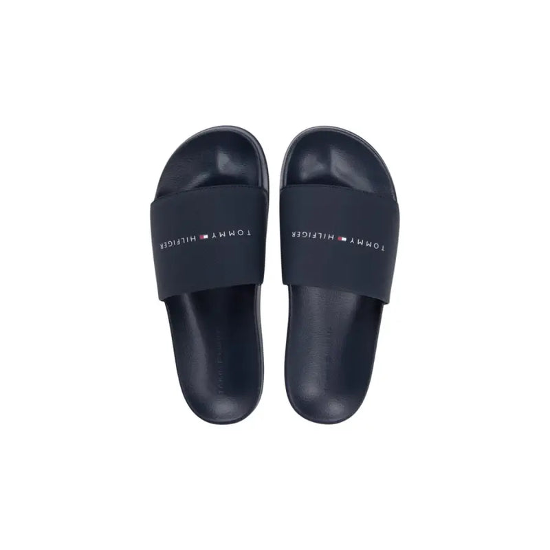 Navy blue tommy hilfiger men slippers with a minimalist logo strap made of polyurethane open toe slides