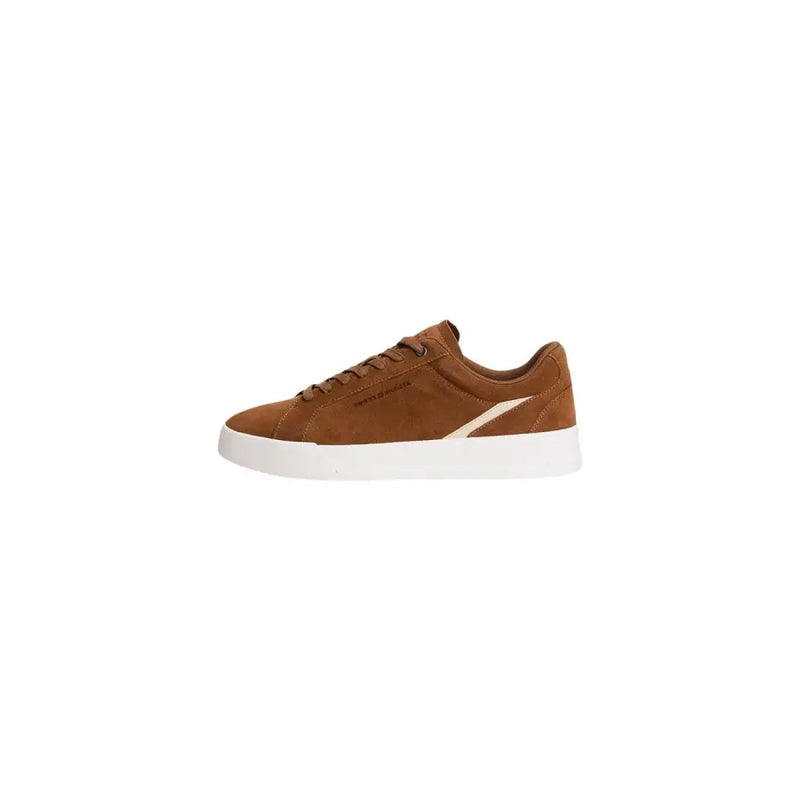 Tommy Hilfiger men sneakers beige suede low-top with white rubber sole and cream diagonal stripe for fall winter use