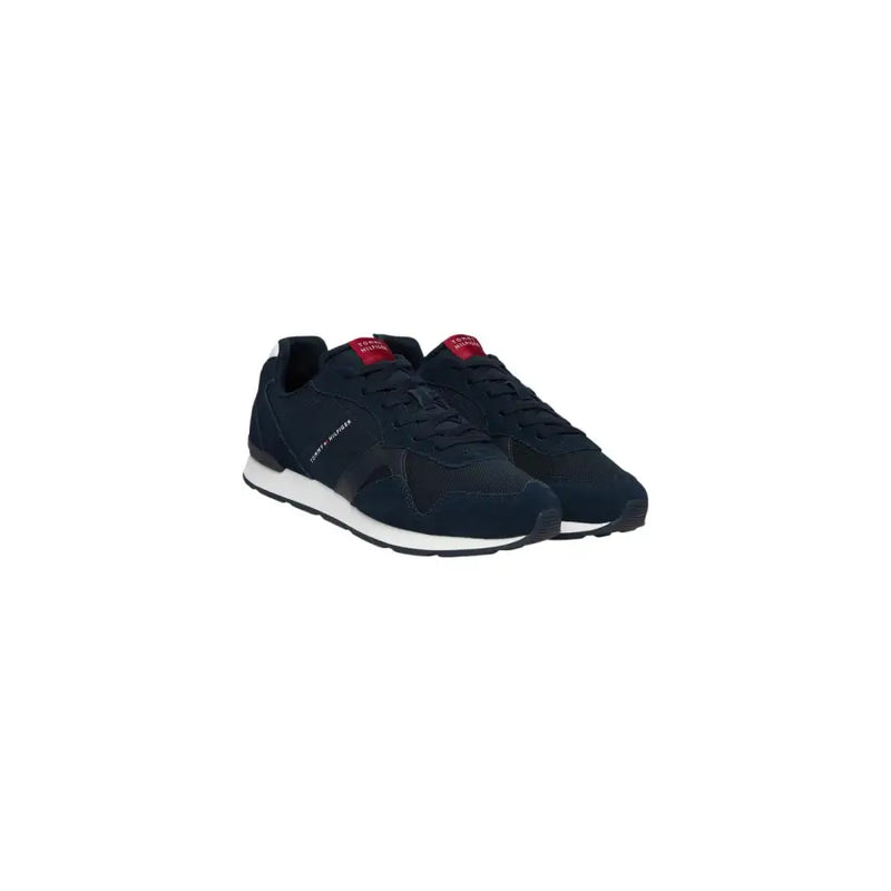 Tommy Hilfiger men sneakers blue polyester featuring dark navy suede mesh with red branding and white rubber soles
