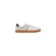 Weiße Tommy Hilfiger Herren-Sneaker aus Leder mit schwarzen Akzenten und hellbrauner Gummisohle, geeignet für die Freizeit.
