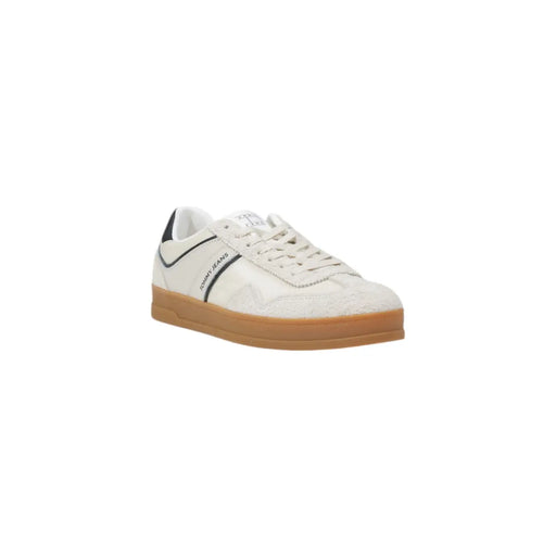 Tommy Hilfiger men sneakers white leather shoes with black accents and tan rubber sole in a classic design