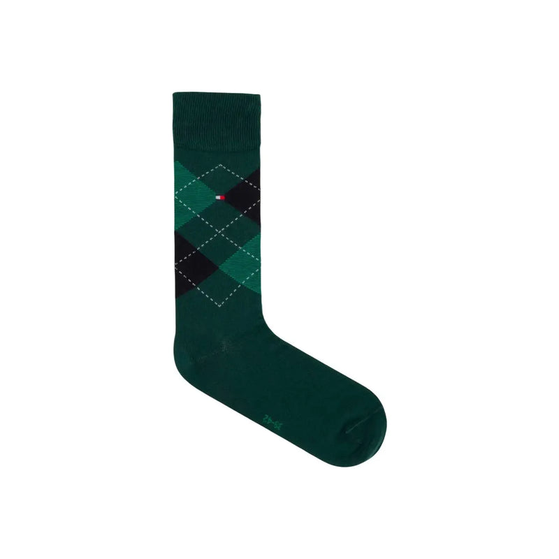 Tommy Hilfiger men socks in dark green cotton blend with black argyle pattern and red and white logo near the top