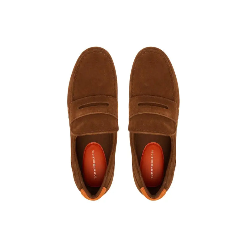 Tommy Hilfiger men suede moccasin camel loafers with classic slip-on design and orange interior lining