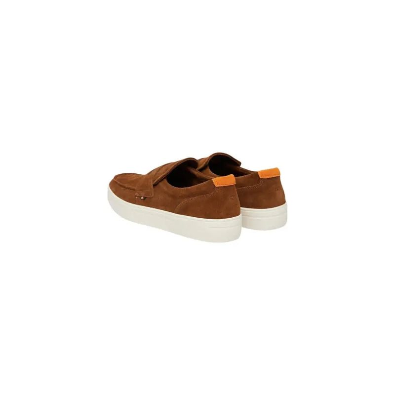 Tommy Hilfiger men suede moccasin camel slip-on sneakers with white rubber sole and orange heel tab