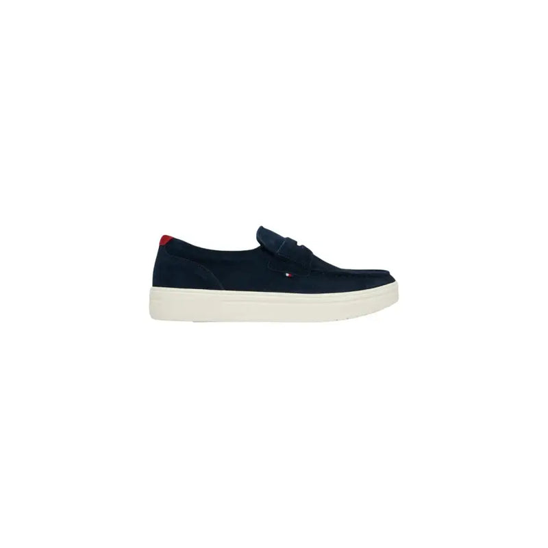 Navy blue suede loafers with white rubber sole and red heel tab from Tommy Hilfiger men spring summer collection