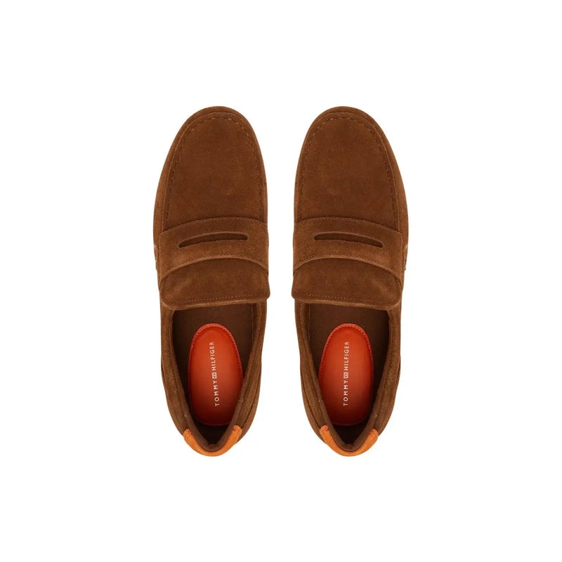 Tommy Hilfiger men suede moccasin camel loafers with classic slip-on design and orange interior lining