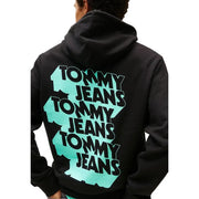 Vue arrière du sweat-shirt Tommy Hilfiger pour homme, en coton biologique noir, avec le logo Tommy Jeans superposé en noir et turquoise.
