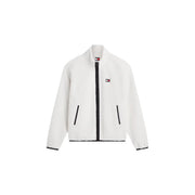 Tommy Hilfiger men sweatshirt white fleece jacket with black zipper and trim made of polyester with hooded design