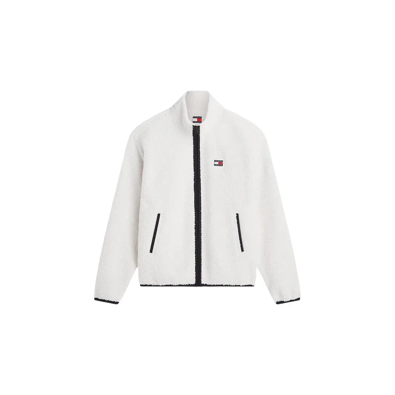 Tommy Hilfiger men sweatshirt white fleece jacket with black zipper and trim made of polyester with hooded design
