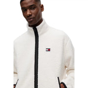 Tommy Hilfiger men sweatshirt white fleece jacket with black zipper and logo patch made of polyester fabric