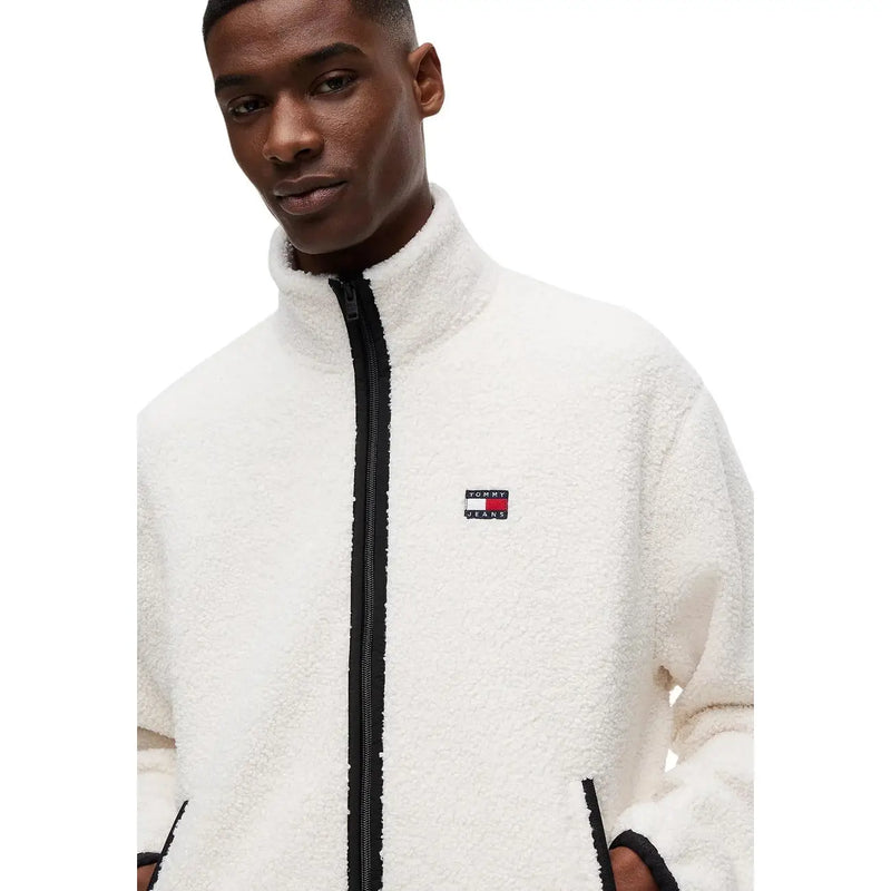 Tommy Hilfiger men sweatshirt white fleece jacket with black zipper and logo patch made of polyester fabric