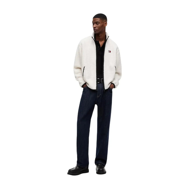Tommy Hilfiger men sweatshirt white hooded polyester zip-up jacket with white shearling lining and logo on left chest