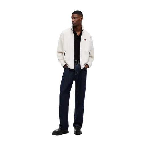 Tommy Hilfiger men sweatshirt white hooded polyester zip-up jacket with white shearling lining and logo on left chest