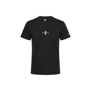 Black Tommy Hilfiger Jeans men t-shirt with white new york city script and vertical striped emblem on chest