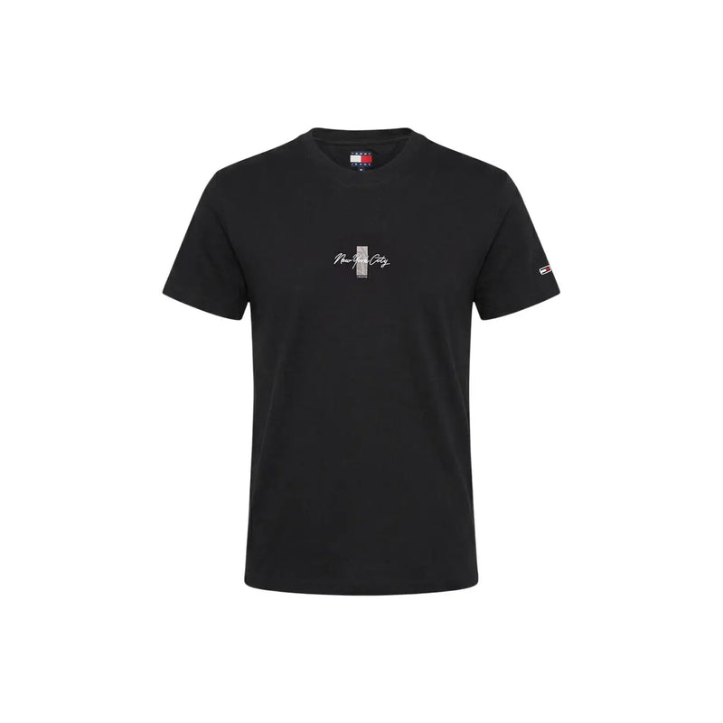 Black Tommy Hilfiger Jeans men t-shirt with white new york city script and vertical striped emblem on chest
