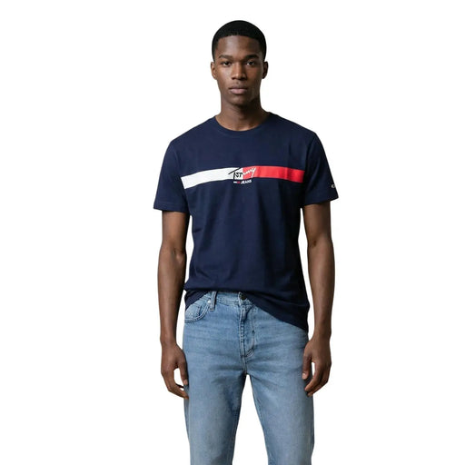 Navy blue cotton Tommy Hilfiger Jeans men t-shirt with white and red chest stripe featuring brand logo
