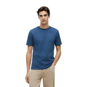 A navy blue tommy hilfiger men t shirt with a small embroidered logo made of organic cotton regular fit