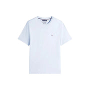 White tommy hilfiger short-sleeved t-shirt with subtle logo on left chest made of light blue organic cotton regular fit