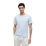 Hellblaues Tommy Hilfiger Herren-T-Shirt aus Bio-Baumwolle mit kurzen Ärmeln und kleinem Logo auf der linken Brust.