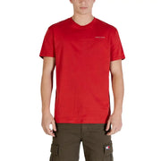 Tommy Hilfiger men red slim fit t shirt with small white logo made from organic cotton camel material