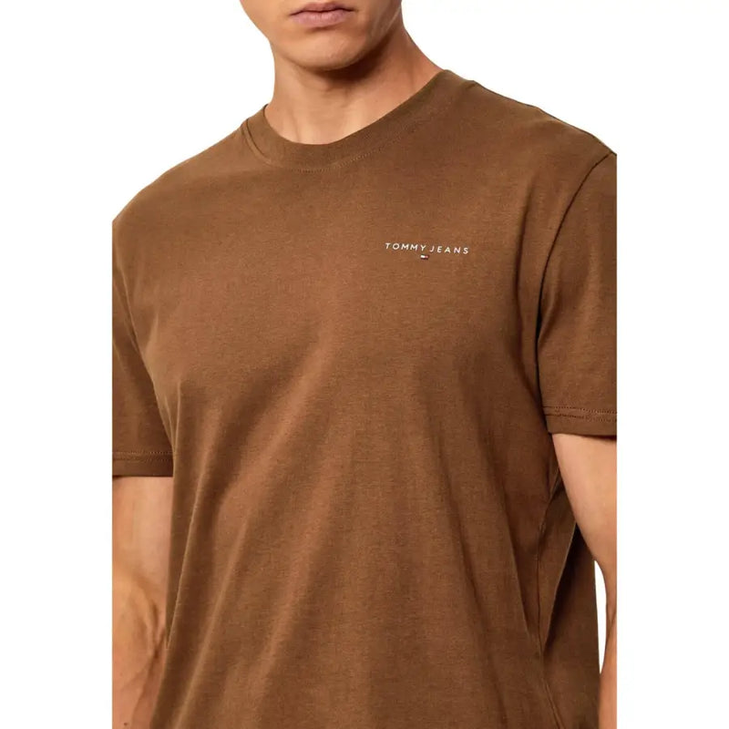 Tommy Hilfiger men slim camel t shirt in organic cotton with subtle white logo embroidered on chest