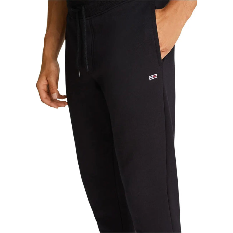 Black tommy hilfiger slim cotton fleece sweatpants with drawstring waistband and logo patch on side seam