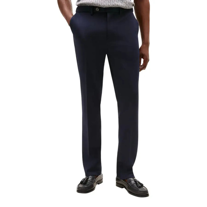 Tommy Hilfiger men trousers navy blue tailored with sleek straight leg and single-button waistband closure