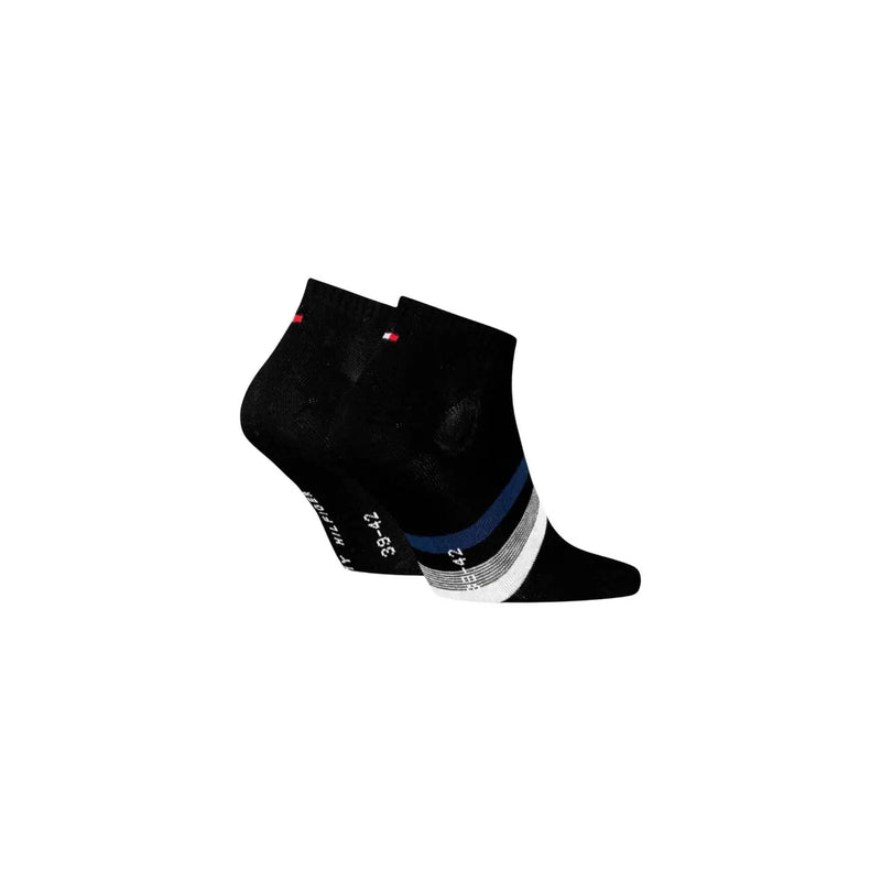 Black ankle socks with navy and white stripes featuring the Tommy Hilfiger logo for men underwear use