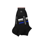 Schwarze Tommy Hilfiger Herren-Knöchelsocken mit weißen und blauen Streifen und vertikalem Markenlogo-Aufdruck für die Freizeit