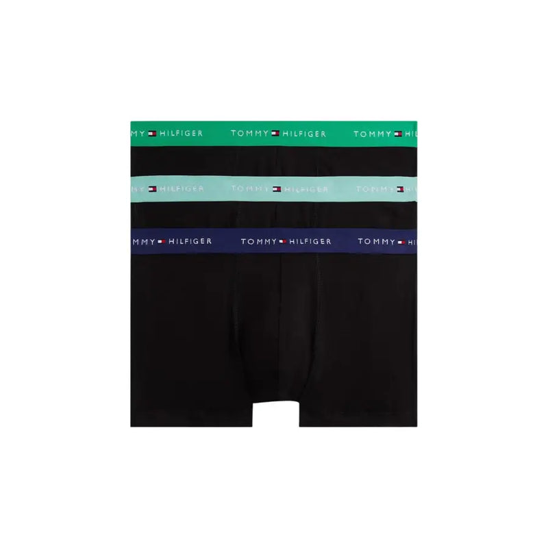 Tommy Hilfiger Schwarze Herren-Boxershorts mit grünen, hellblauen und marineblauen elastischen Bündchen und Logo
