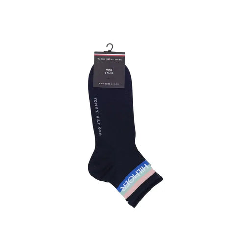 Dark blue Tommy Hilfiger men ankle socks with striped cuff in light blue pink and white for casual wear