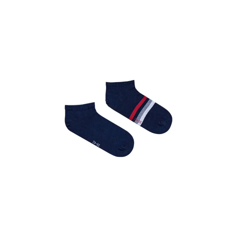 Navy blue Tommy Hilfiger men ankle socks with red and white striped foot accents for casual wear