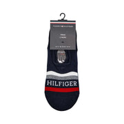 Dark navy blue tommy hilfiger men no-show socks with white and red stripes and bold white brand name stripe