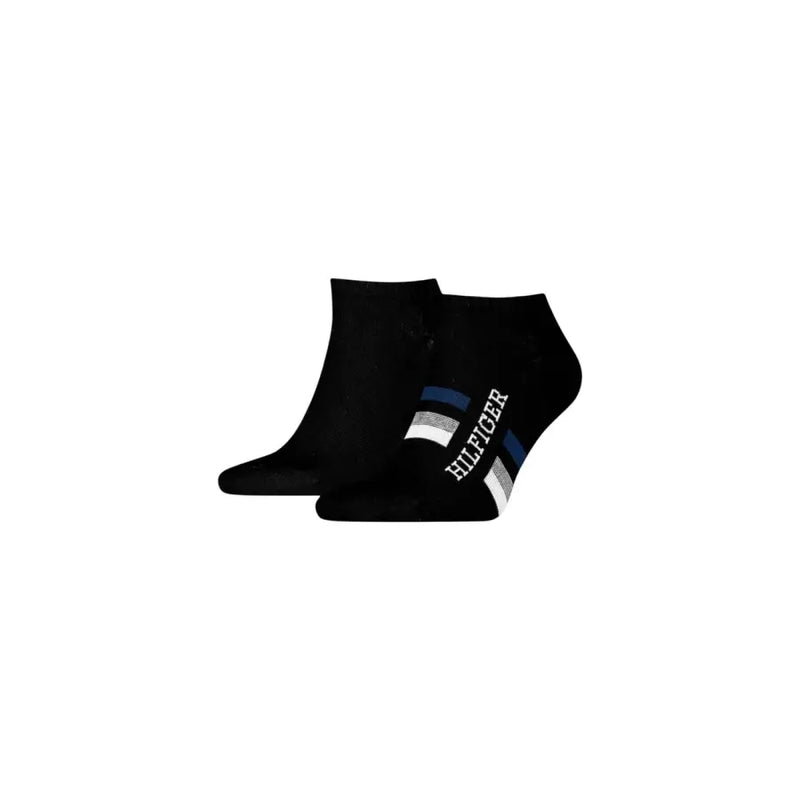 Schwarze Tommy Hilfiger Knöchelsocken mit weiß-marineblau gestreiftem Logo aus der Herrenunterwäschekollektion