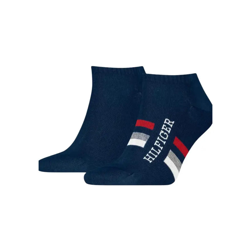 Navy blue ankle socks with red white and gray striped tommy hilfiger logo for men underwear collection